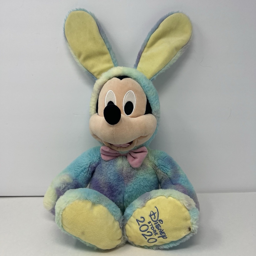 DISNEY Mickey Mouse Tie Dye Easter Bunny Plush Stuffed Animal with‎ Pink Bow